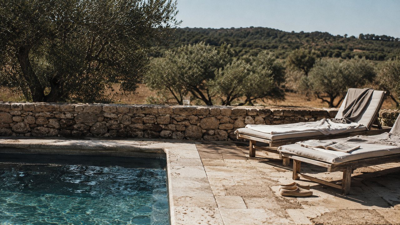 Terraza de piedra junto a la piscina de un agroturismo, con tumbonas de madera y olivos al fondo
